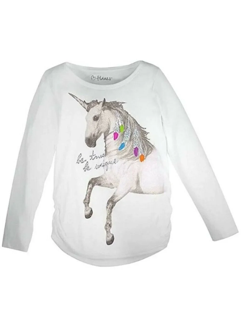Girls XL Hanes Long-Sleeve White T-Shirt With Unicorn Graphic & Glitter Accents